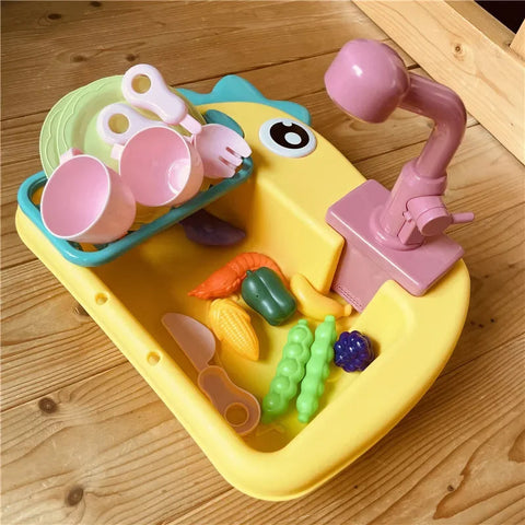 (2 in 1)children's electric dinosaur sink toy fishing dishwasher kitchen play set